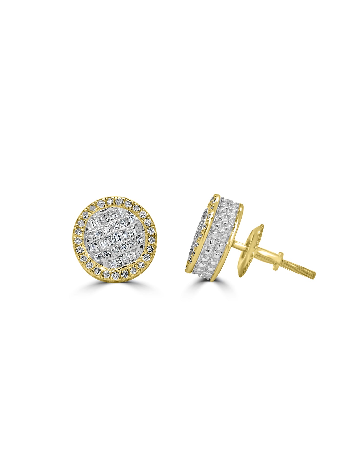 10k Gold Baguette Diamond Circle Stud Earrings 8mm