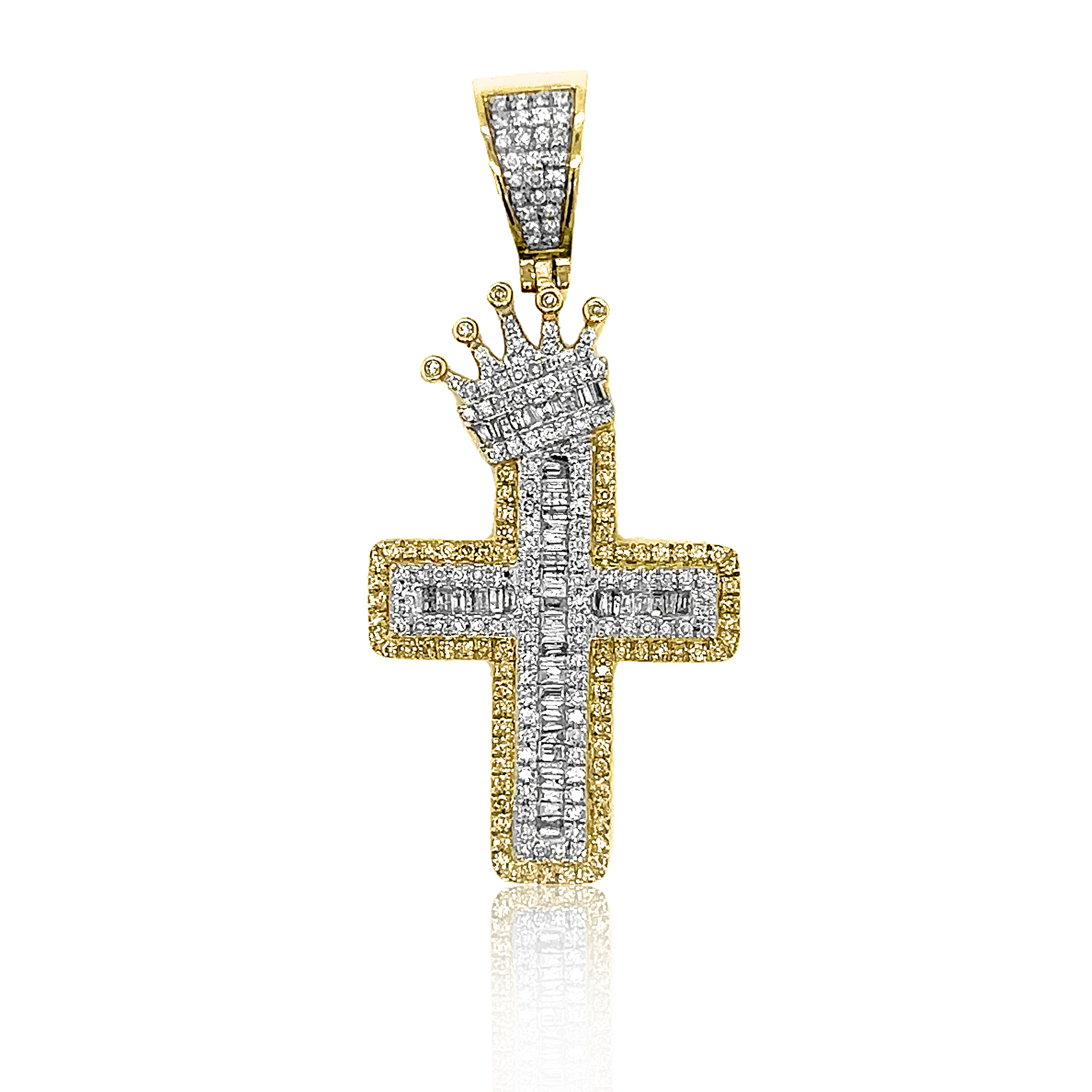 14K Baguette Diamond Cross With Crown Pendant 0.90 ct